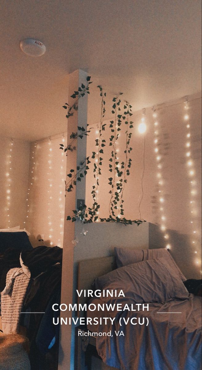 there is a bedroom with lights on the wall and plants growing out of the window