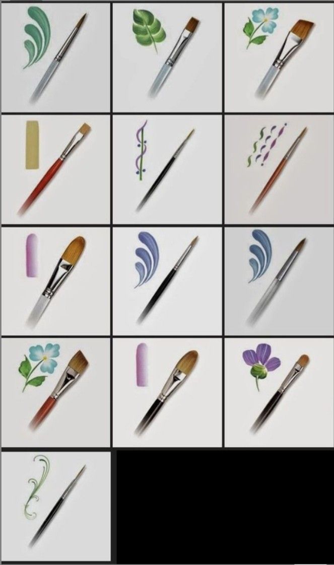 many different types of paint brushes are shown in this gridded image with the names and colors on them