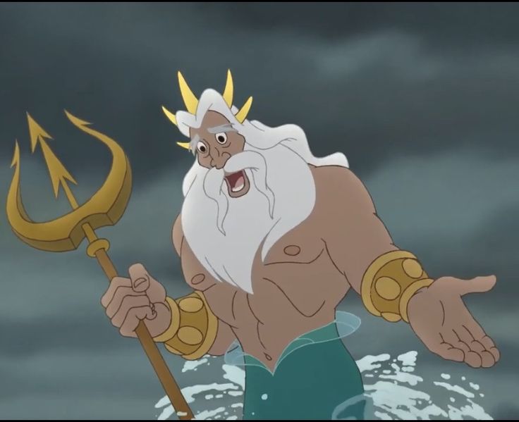 an animated image of a man in the water holding a hammer and wearing a crown