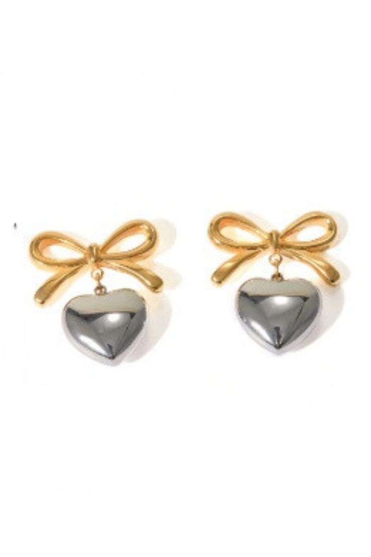 Bow Heart Mixed Metal Stud Earrings Waterproof 18K Gold Plated PVD Stainless Steel Burberry Earrings Bow, Luxury Double Heart Charm Earrings, Madewell Bow Earrings, Mixed Metals, Gold Hoop, Gold Hoop Earrings, 18k Gold, Gold Plate, Stud Earrings