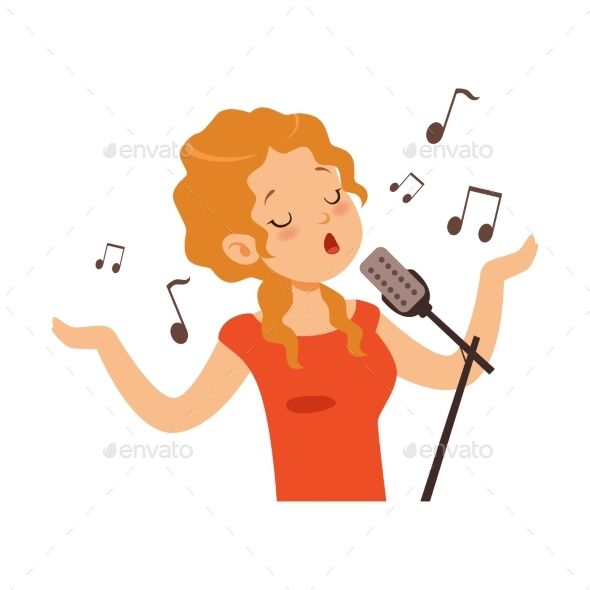 a woman singing into a microphone with musical notes around her - people characters clip art