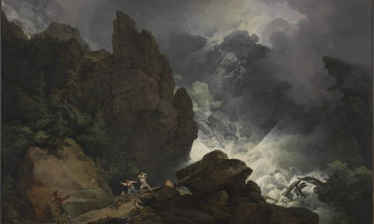 an image of a mountain scene with people in the foreground and storm clouds overhead