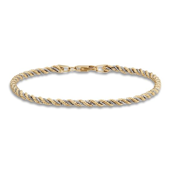 Simply designed for maximum style, this versatile hollow rope bracelet features shimmering gold links, specially crafted for additional shine. Fashioned in 10K yellow gold, the 7.5-inch rope chain secures in place with a lobster clasp. Elegant Gold Bracelet With Rope Chain, Elegant Gold Rope Chain Bracelet For Formal Occasions, Elegant Formal Gold Rope Chain Bracelet, Elegant Bracelets With Rope Chain And Link Shape, Elegant Bracelets With Link Rope Chain, Elegant Bracelets With Rope Chain Link, Elegant Rope Chain Link Bracelets, Elegant Rope Chain Link Bracelet, Summer Wishlist