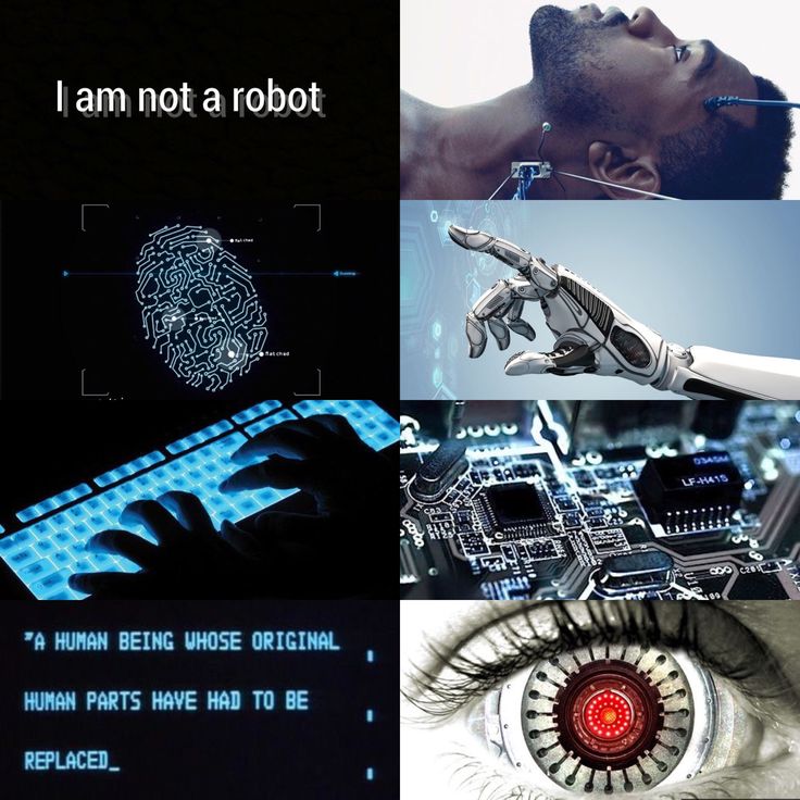 a collage of images with words and symbols in the middle one has a robot's hand on it