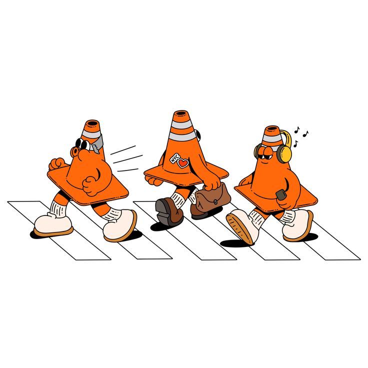 three cartoon characters are walking across the crosswalk in an orange outfit and headphones