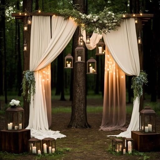 an outdoor ceremony with white drapes, candles and greenery draped over the trees