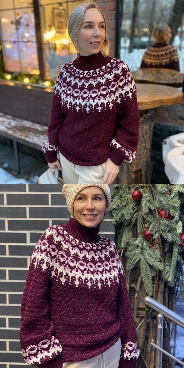 two women standing next to each other wearing matching sweaters