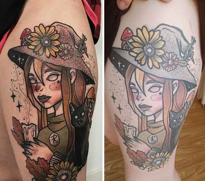 two pictures of women with tattoos on their legs