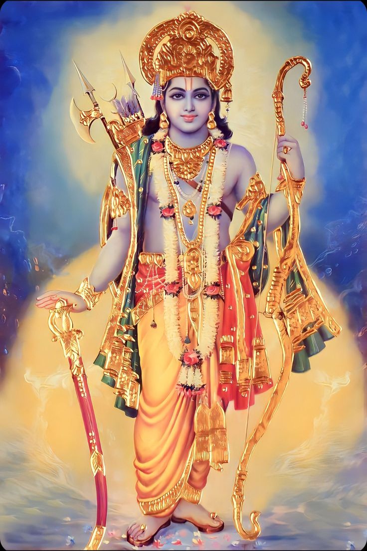 the hindu god in his golden outfit with an arrow and two hands on his hip