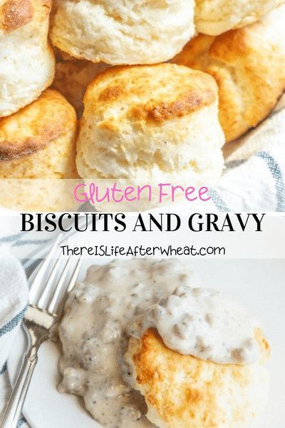 biscuits and gravy on a plate with a fork