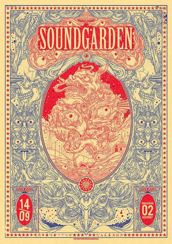 the poster for sound garden shows an image of a man's head in red and yellow