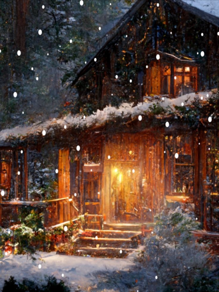 a painting of a cabin in the snow with lights on and steps leading up to it