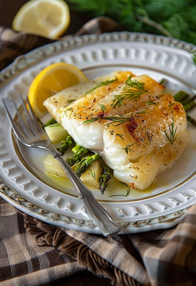 a white plate topped with fish and asparagus on top of a table next to lemon wedges