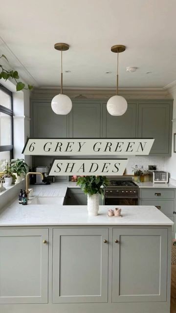 a kitchen with gray cabinets and white counter tops, an island in the middle is surrounded by potted plants