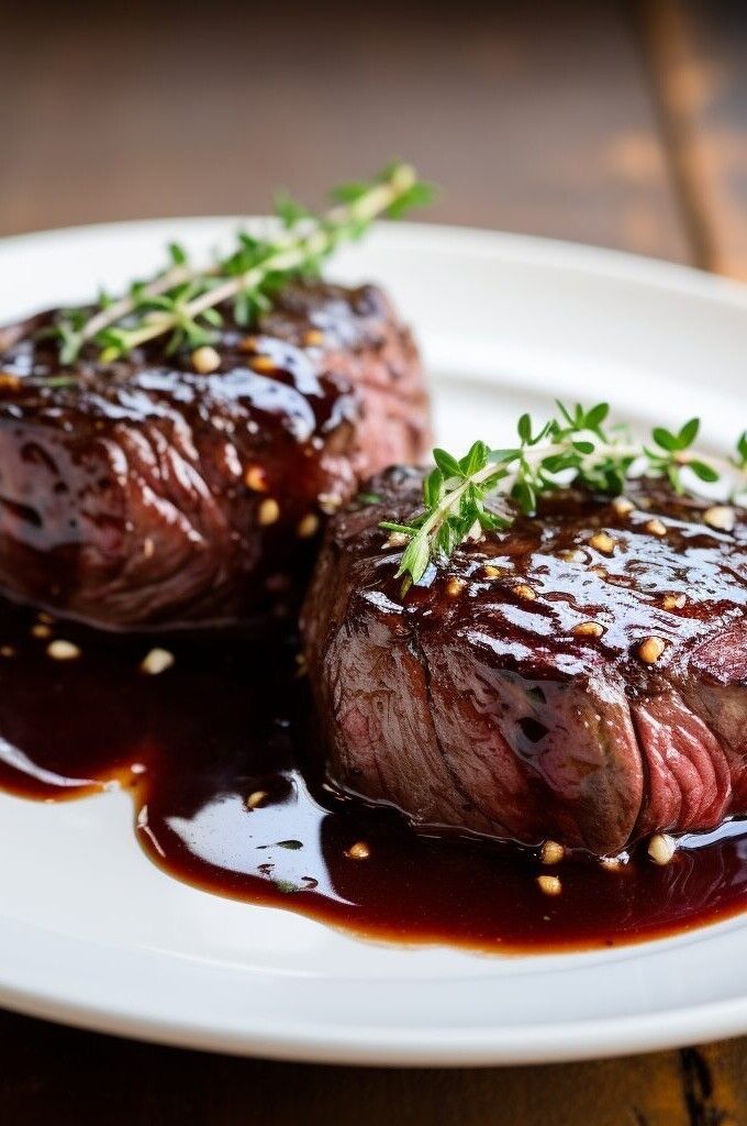 two steaks with sauce on a white plate