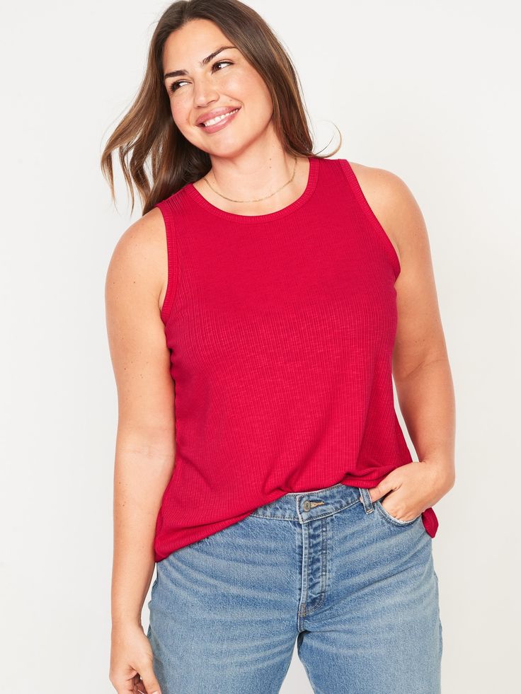 Our Luxe tank tops are supremely soft and drape beautifully.  You deserve it  Crew neck.  Sleeveless arm openings.  Rib-knit, with comfortable stretch.  Swing silhouette.  @modelsizes 5’9":S | 5'7":L | 5'10":XL @modelsizes BodEquality means size eq Summer Ribbed Crew Neck Top, Summer Crew Neck Top With Ribbing, Stretch Ribbed Crew Neck Tank Top, Casual Stretch Tank Sweater Vest, Casual Crew Neck Tank Top With Ribbing, Casual Crew Neck Ribbed Tank Top, Casual Stretch Sweater Vest, Casual Ribbed Crew Neck Vest, Solid Sleeveless Ribbed Top