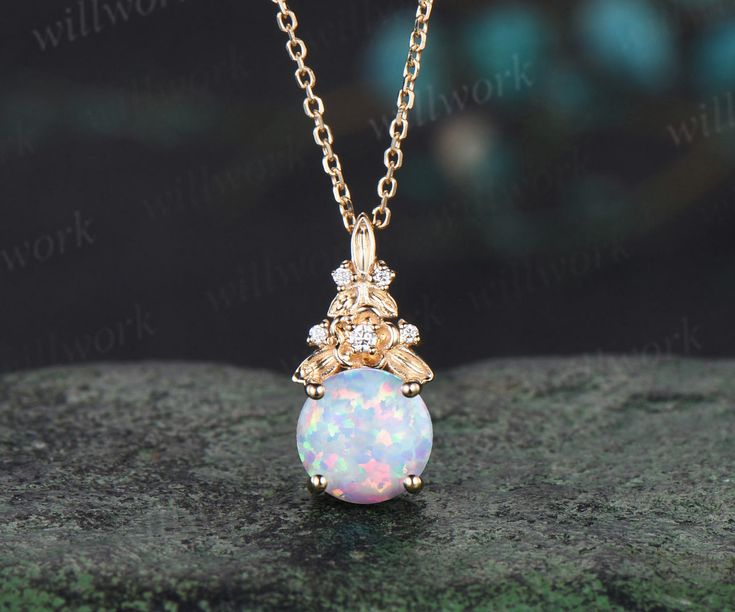 - Metal: Solid gold(9K/14K/18K white/yellow/rose gold),925 sterling silver, platinum available- Main Stone: 6.5mm round lab opal- Accent Stone: diamonds or moissanites- Chain: 16+2 inches. The chain can be adjustable to 18 Inches.- Can be personalized: Yes White Opal Anniversary Necklace, White Gold Opal Round Necklace, Elegant Opal Jewelry In Diamond White, Diamond White Round Opal Jewelry, Elegant Round Opal Necklace, Elegant Diamond White Opal Jewelry, Gold Opal Jewelry With Prong Setting, Elegant Opal Round Pendant Jewelry, Elegant Opal Jewelry With Round Stone