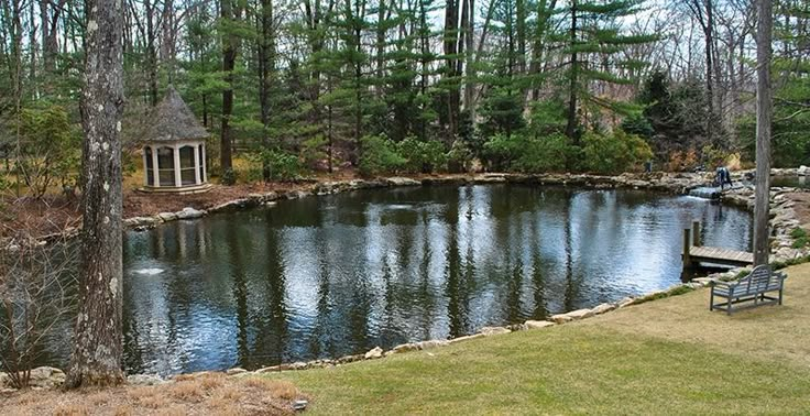 there is a small pond in the middle of the yard with a gazebo on it