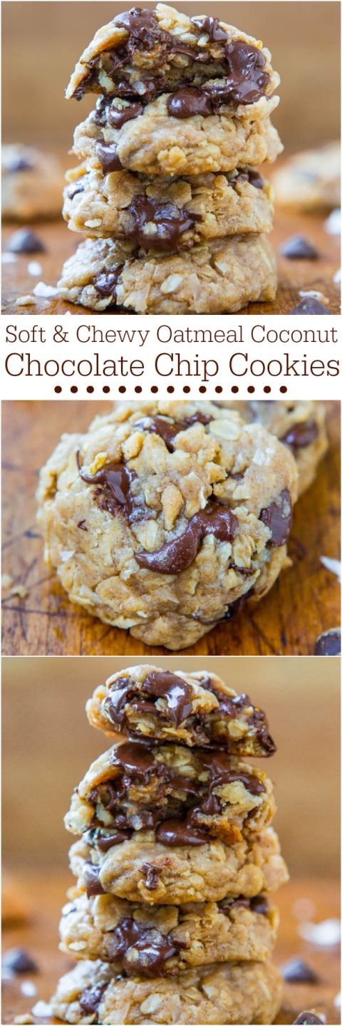 chocolate chip cookies stacked on top of each other with the words eat & chewy oatmeal coconut chocolate chip cookies