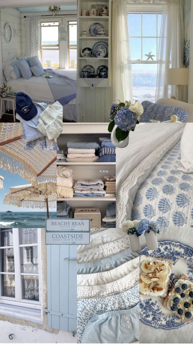 a collage of blue and white items in a room with windows, bedding, table cloths, curtains, pillows