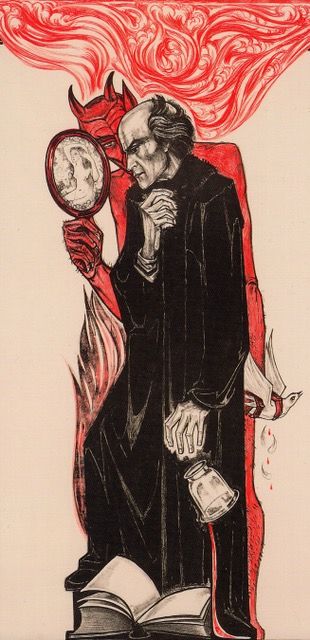 a drawing of a man holding a clock next to a book and a red flame