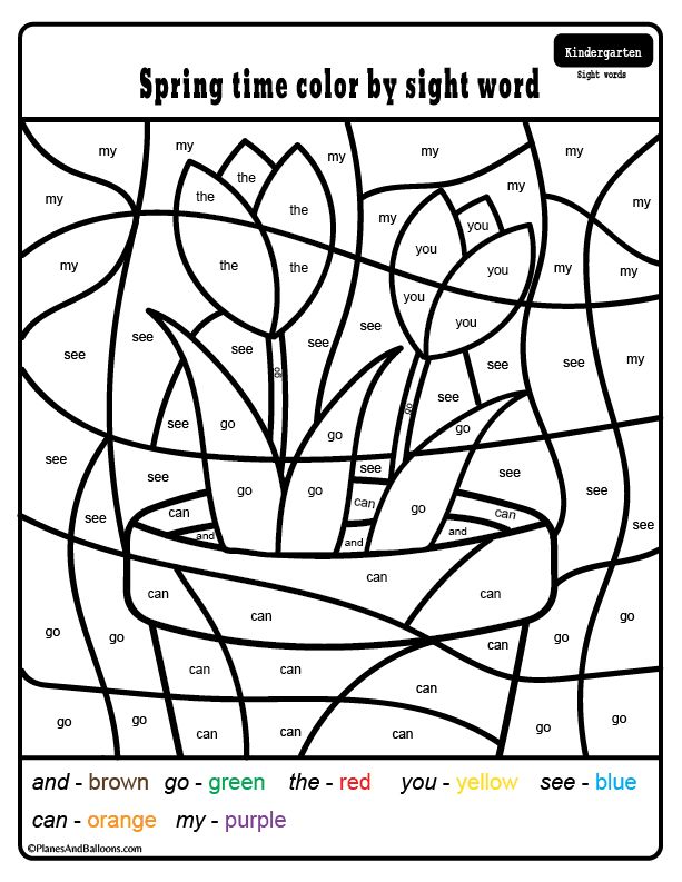 the color by sight worksheet for spring with flowers in a vase and words on it