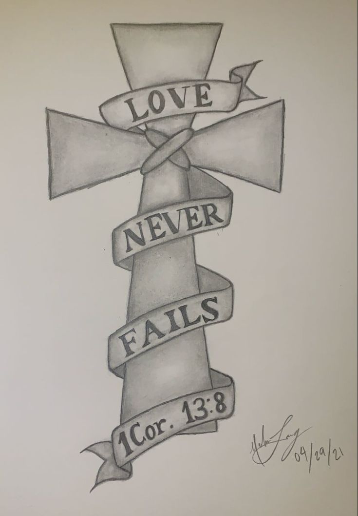 a drawing of a cross with the words love, never falls or 13 3 on it