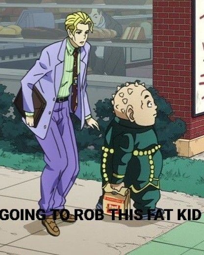 a man standing next to a little boy in front of a sign that says, i'm going to robb this at kid