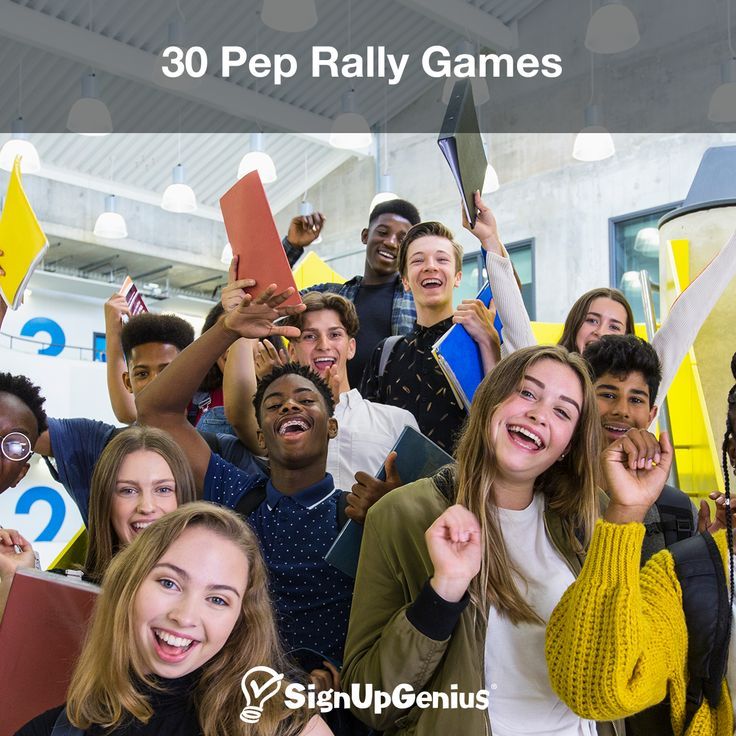 a group of people standing together in front of a building with the words 30 pep rally games