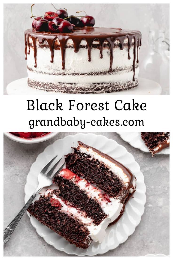 black forest cake with white chocolate frosting and cherries on top is shown in this collage