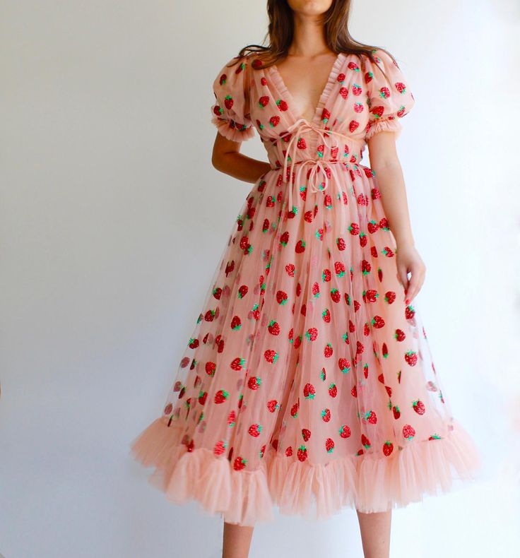 Strawberry Midi Dress – Lirika Matoshi Turner Dress, Lirika Matoshi, Midi Prom Dress, Maxi Dress Designs, Mesh Gown, Strawberry Dress, Bodycon Floral Dress, Pleated Maxi Dress, Pleated Maxi