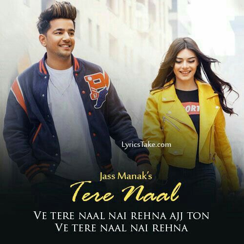 a man and woman holding hands in front of a cityscape with the words tere naal written on it