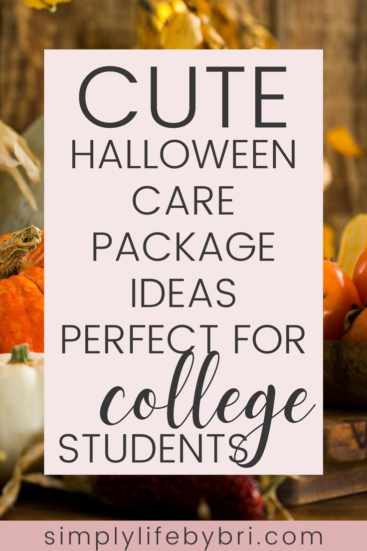 the words cute halloween care package ideas perfect for college students with pumpkins and gourds