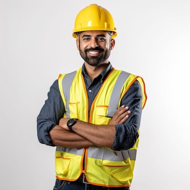 a man with a beard wearing a yellow safety vest and holding his arms crossed in front of him