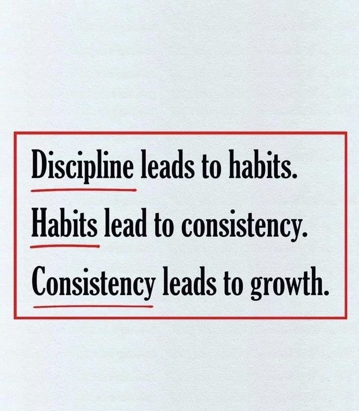 a red and white sign that says, discipline leads to habitts habitats lead to constiency consistency leads to growth