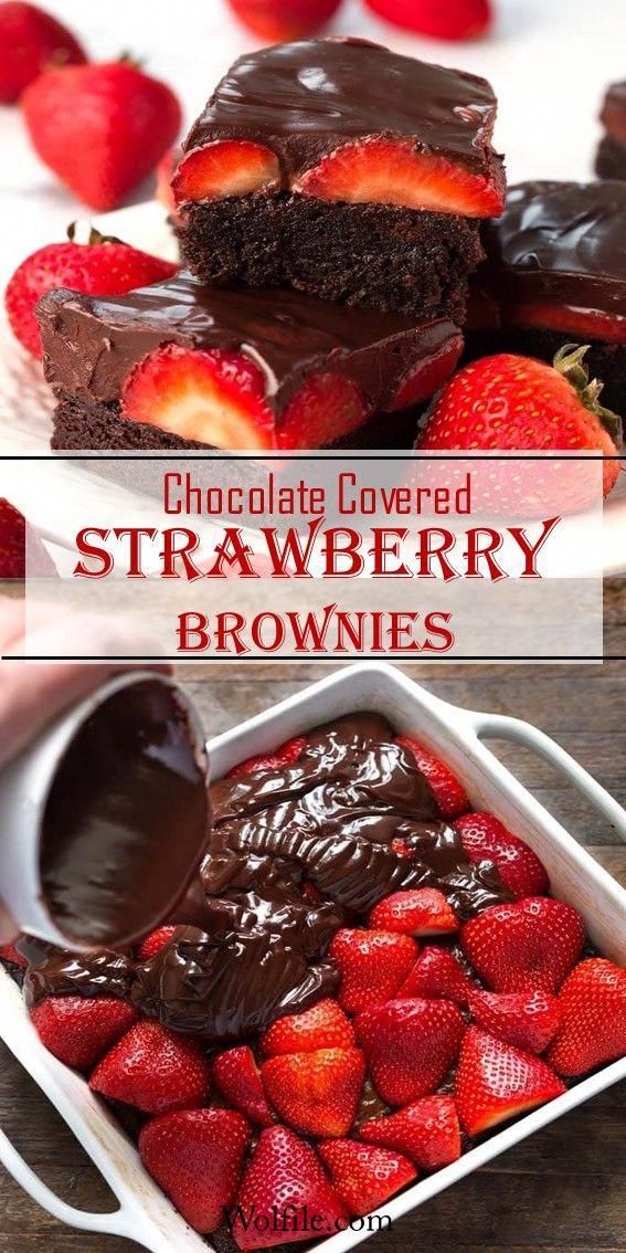 chocolate covered strawberry brownies are in a white dish with strawberries on the side