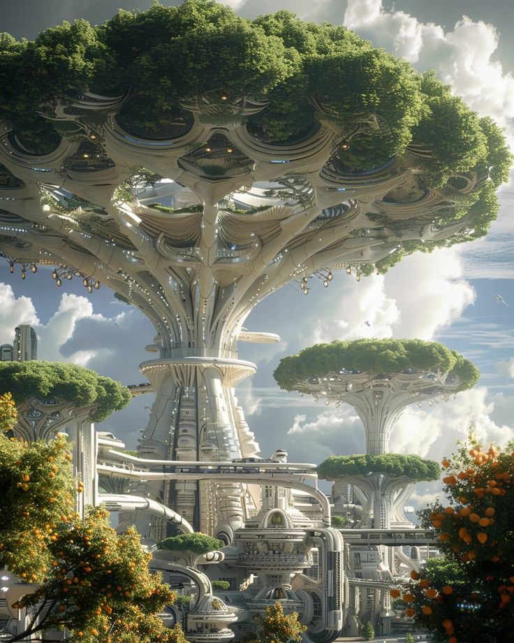 the futuristic city is surrounded by trees and bushes, with lots of green plants growing out of it