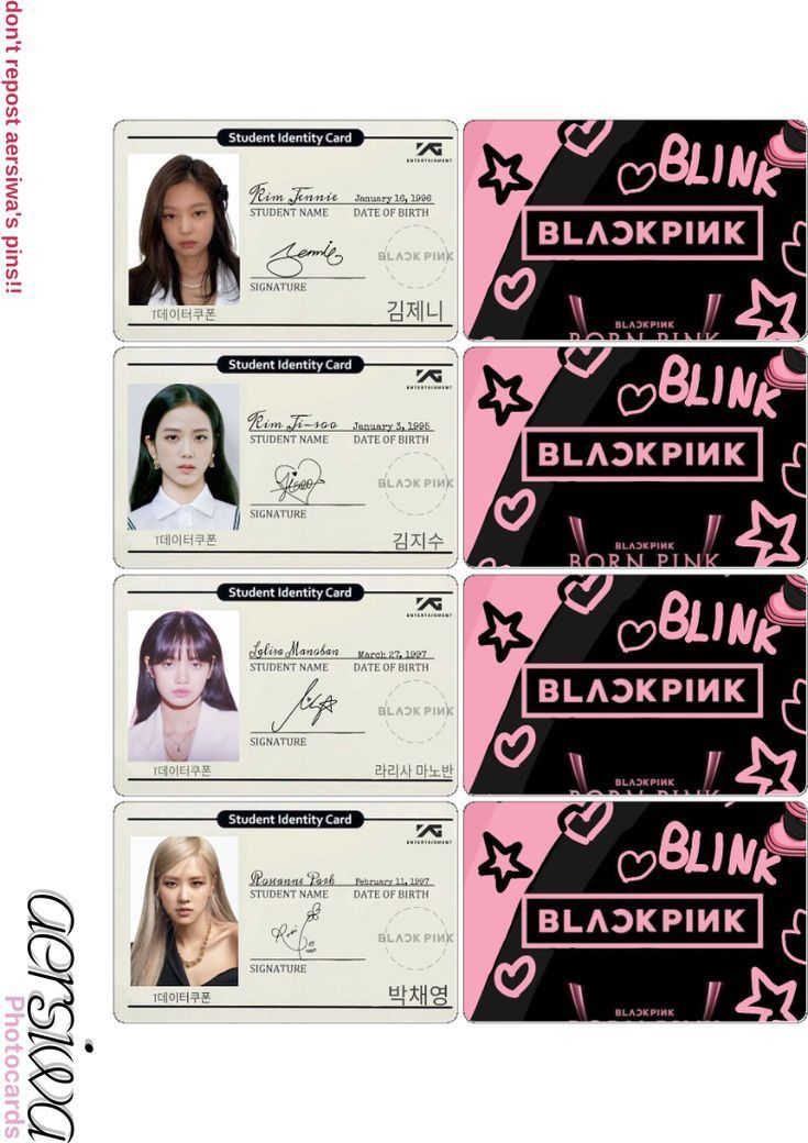 four id cards with different women's hair colors and names on them, all in pink