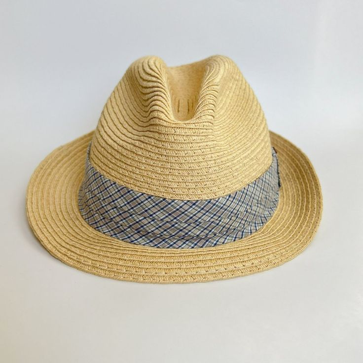 New Levi's Men's Paper Straw Fedora Hat With A Blue Plaid Decorative Fabric Trim. There Is A Stain On The Inside Of The Hat. Casual Yellow Panama Hat With Curved Brim, Yellow Casual Fedora With Flat Brim, Yellow Fedora With Short Brim For Summer, Yellow Flat Brim Fedora Casual Style, Casual Yellow Fedora With Flat Brim, Casual Yellow Panama Hat For Spring, Yellow Short Brim Fedora For Summer, Casual Yellow Wide Brim Hat, Casual Yellow Straw Hat With Short Brim