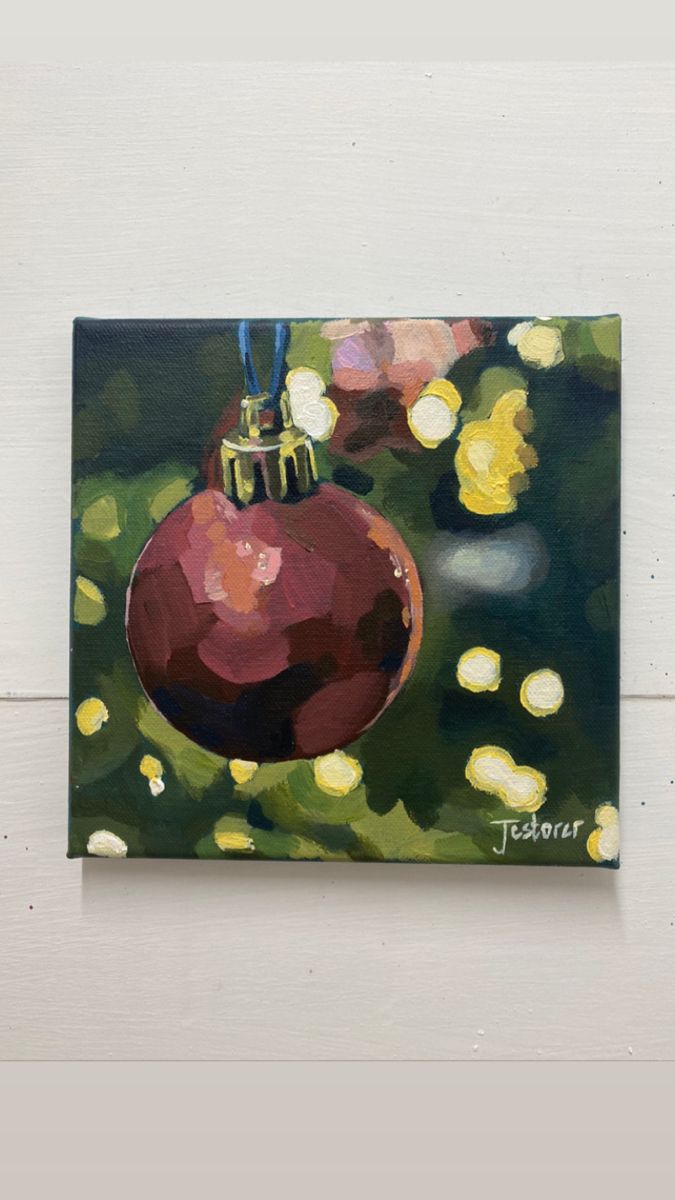 Acrylic painting of a up close red bauble on a blurry Christmas tree with lights Idea To Paint On Canvas, Christmas Drawing Painting, Christmas Ornament Canvas Painting, Painting Ideas Christmas Canvas, Painting Ideas As A Gift, Diy Christmas Gifts Painting, Christmas Tree Paintings Acrylics, Christmas Cards Painted Acrylic, Acrylic Painting Christmas Tree