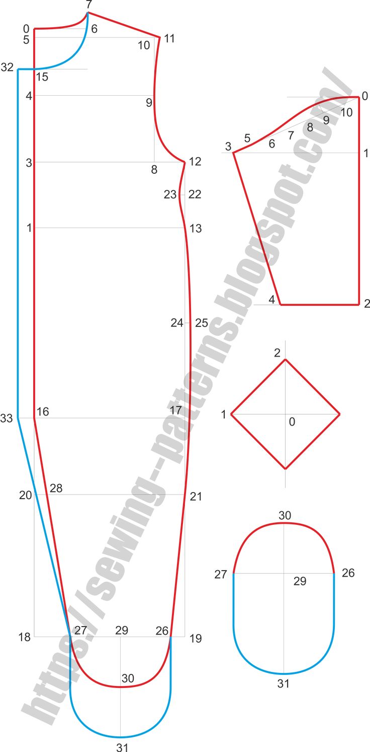 the front and back view of a sewing pattern, with measurements for the top section