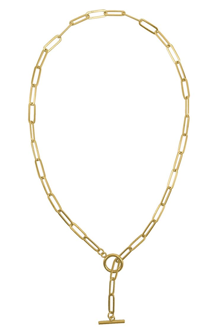 Show off contemporary style with this elegant water-resistant 14-karat gold plated paper-clip chain lariat necklace. 19" length Toggle closure This piece of jewelry is water-resistant and will not tarnish with water contact 14k-gold plate/stainless steel Imported Gold Toggle Necklace With Paperclip Chain For Formal Events, Cable Chain Lariat Necklace As A Gift, Gift Cable Chain Lariat Necklace, Modern Gold Toggle Necklace For Everyday Wear, Modern Gold Toggle Necklace For Everyday, Lariat Chain Necklace With Cable Chain For Gifts, Chic Gold Chain Lariat Necklace As Gift, Gift Lariat Necklace With Cable Chain, Minimalist Gold Toggle Necklace For Formal Occasions