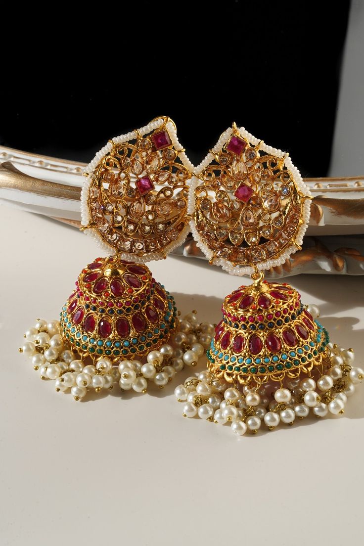 Mishti - Navratan Paan Shaped Jhumka - Inaury - Gold & Ruby - - All - Earrings - Featured Color Stones, Jhumka Earrings, Brass Metal, Contemporary Style, Timeless Elegance, Embellishments, Ruby, Gold Plate, Multi Color