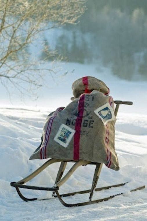 there is a sack on the back of a sled in the snow with skis attached to it