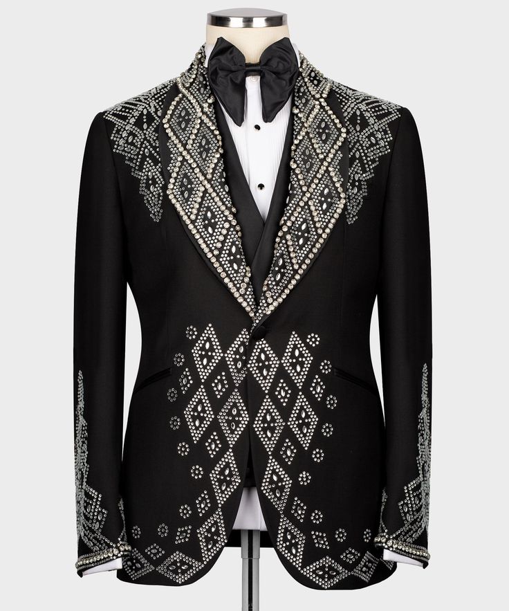 Luxury Tailored Embroidered Suits, Tailored Elegant Tuxedo For Gala, Elegant Tuxedo For Gala, Designer Fitted Suits For Gala, Luxury Embroidered Suits For Formal Occasions, Elegant Embroidered Tuxedo, Luxury Embroidered Formal Suits, Elegant Fitted Blazer With Rhinestones, Elegant Embroidered Suit For Formal Occasions