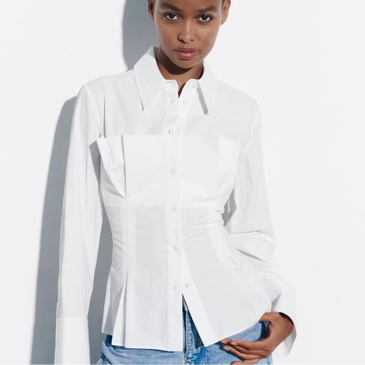 Nwt Zara White Dressy Poplin Shirt Size M 4437/059 Elegant Poplin Shirt For Spring, Elegant Spring Poplin Shirt, Fitted Poplin Shirt For Daywear, Fitted White Poplin Top, Zara Blouse With Pockets For Workwear, Chic Zara Blouse With Pockets, Zara Workwear Blouse With Pockets, Fitted White Zara Shirt, Fitted White Blouse With Pockets