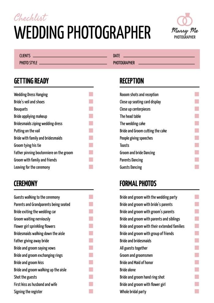 the wedding photographer checklist is shown in pink