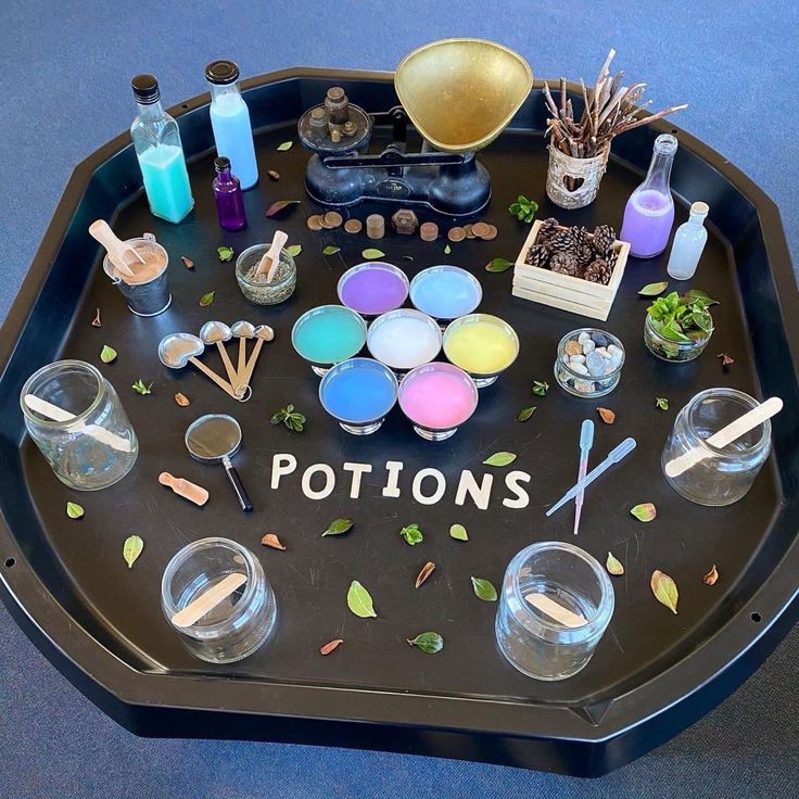 a tray with various items on it that say pots and spoons in different colors