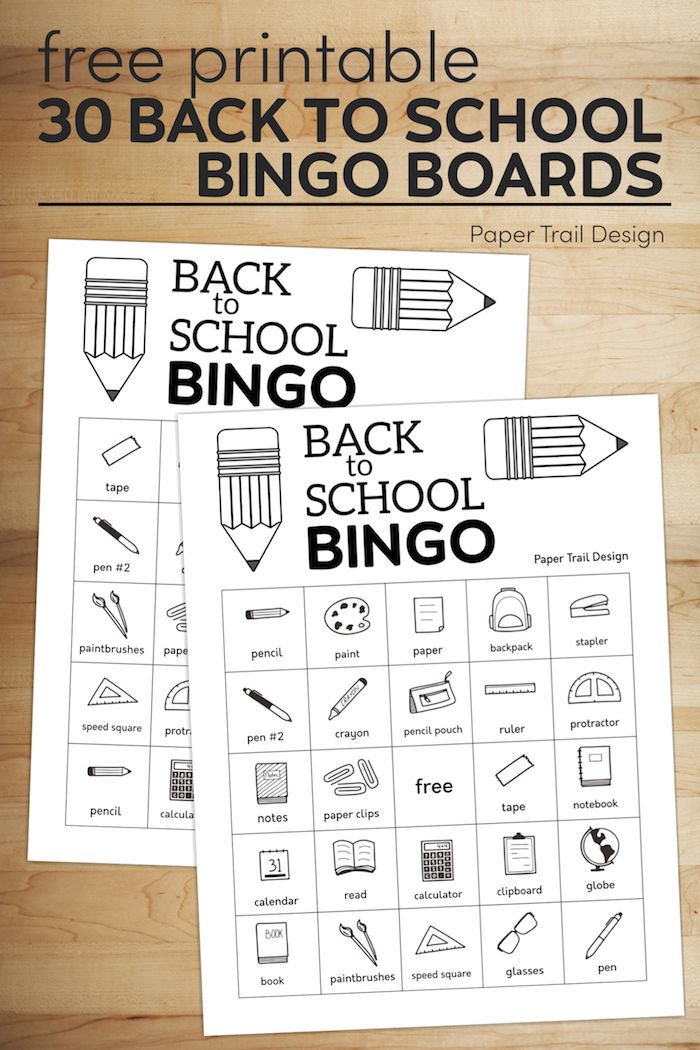 two printable back to school bingo cards with the words back to school on them