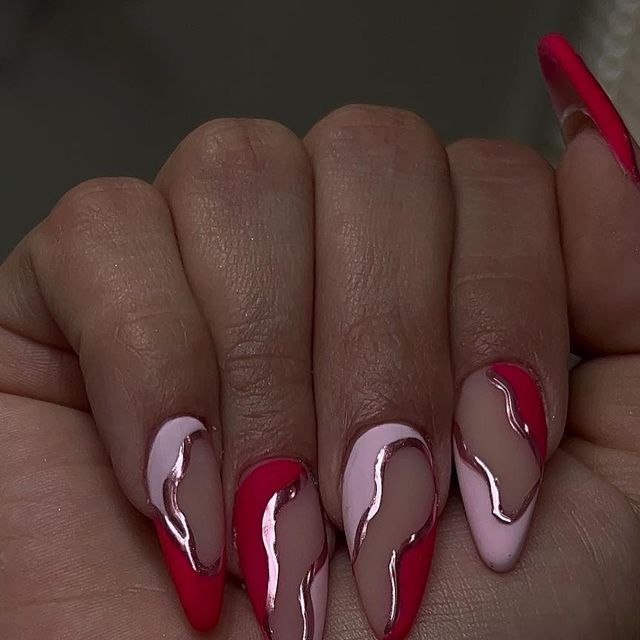 Red Chrome Design Nails, Valentines Day Nails Red Chrome, Pink And Red Chrome Nails, Red Lip Nails, Red Pink And Black Nails, Red January Nails, Chrome Top Nails, Stiletto Nail Designs 2024, Pink Red Nail Designs